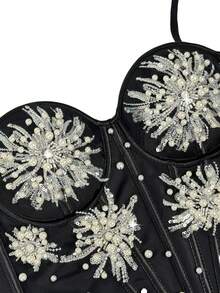 Fashion Faux Pearls And Sequins Detail Sparkle Christmas Party Cami Top - Black - View 5