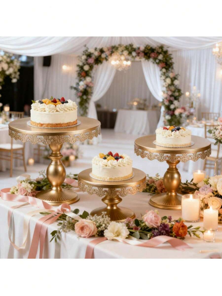 Set Of 3 Round Metal Cake Stand Set, Displaying Table For Birthday Party Cake Display Baby Shower Wedding Pastry Decor Supplies Cupcake Dessert Decoration