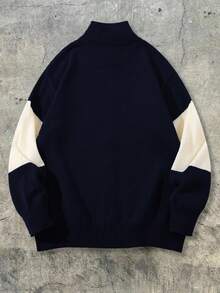 Men's Casual Loose Solid Color Ribbed English Letter Knitted Zip-Up Half-Turtleneck Cardigan Sweater, Versatile For Commuting, Autumn/Winter - Navy Blue - View 3