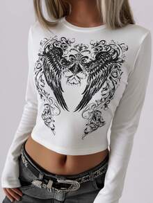 Ropa de primavera/verano para mujer Elaveea, camiseta blanca con estampado de alas de ángel, elegante y cómoda, parte superior casual con diseño de rhinestones, blusa de manga larga blanca de cuello redondo, adecuada para uso diario, vacaciones, citas, viajes, Navidad, Año Nuevo/San Valentín/atuendo para fiestas, ropa exterior para mujer - Blanco - Ver 4