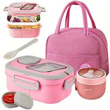 2-Layer Multi-Compartment Lunch Box Set: Lunch Box + Cup + Bag. Includes Cutlery And Sauce Container. Microwave-Security, Suitable For School, Work, And Outdoor Use. - Hồng - Xem 1