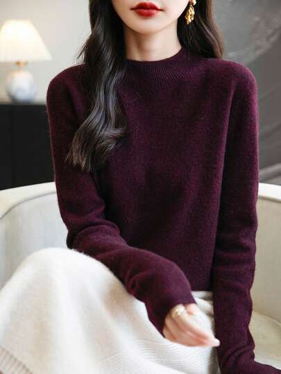 100% Merinowolle Damen Mock Neck Pullover Langarm Herbst Winter warm weich gestrickt Vintage Pullover