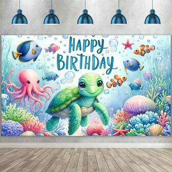 1 st havssköldpadda födelsedagsbanderoll med havstema, bakgrund med sköldpadda, födelsedagsdekorationer, grattis på födelsedagen, bakgrund för barn, temabakgrund, utomhus, semester, havsfestdekorationer