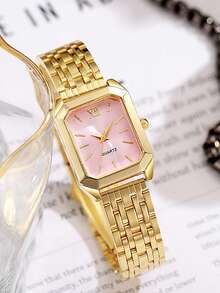 Juego de 6 piezas de relojes para adolescentes - Correa dorada, esfera rosa, reloj de cuarzo de acero inoxidable con collar colgante, pulsera, anillo, aretes, mejor regalo de cumpleaños para ella, adecuado para uso diario, fiestas, eventos, vuelta al colegio, Navidad - Dorado - Ver 4