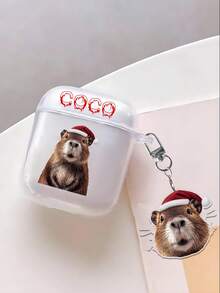 1 Set Christmas Design Customized Earphone Case + 1 Customized Keychain, Personalized Fashion TPU Soft Earphone Case With Cute Text Design, Compatible With Apple Earphones 1/2/3/4/Pro/Pro2, DIY Anniversary Gift - Multicolor - View 3