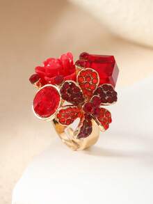 1pc Shiny Geometric Crystal 3D Open Ring, Colorful Flower Ring, Suitable For Daily Wear