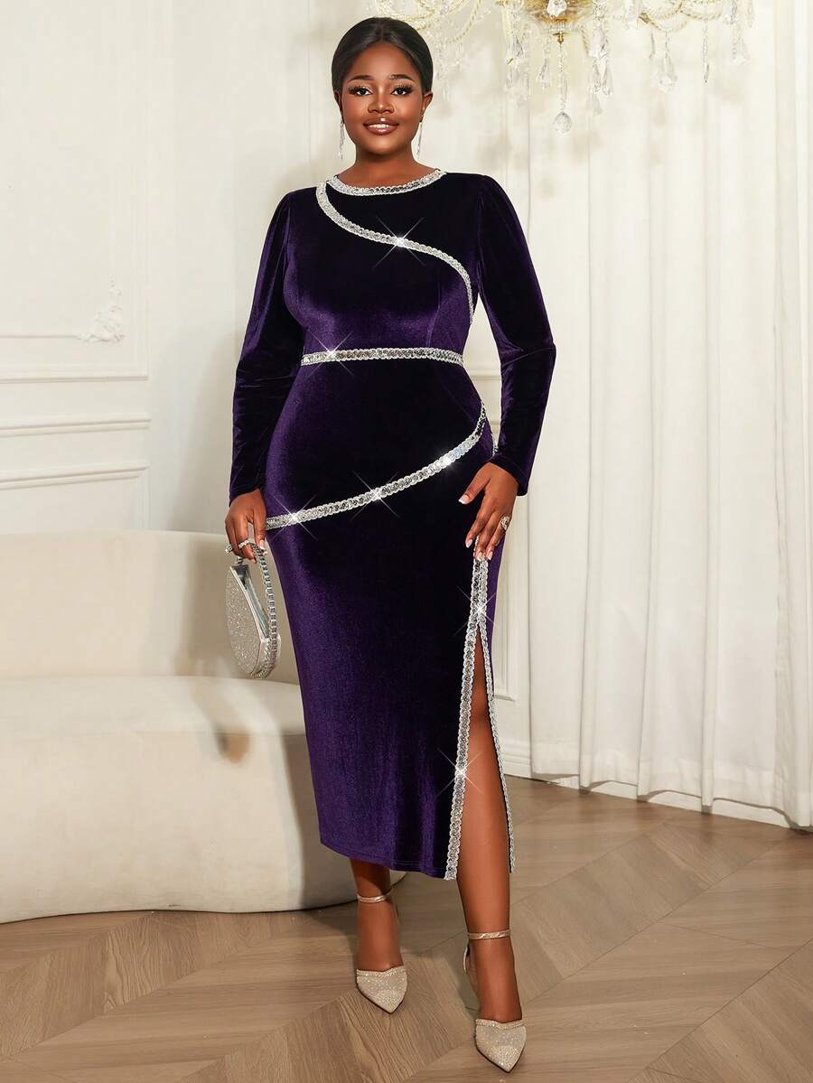 Rochie midi elegantă Curve cu mânecă lungă, din catifea mov, cu paiete strălucitoare și tiv crăpat, perfectă pentru seară - Violet - Vizualizare 1