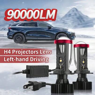 2-Piece H4 High/Low Beam Integrated Headlight Bulb, 90000 Lumens 90 Watt New CSP Chip Projection Lens, 6500K White Super Bright Lamp For Left Hand Drive