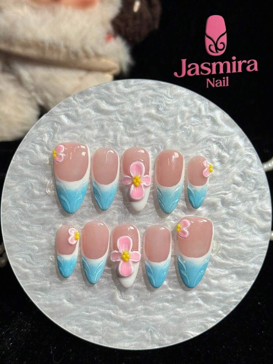 10 Pcs Of Pure Handmade Y2k Press-On Almond Nails, French Tip, Short Nails, Blue Nails, Pink Nails, Handmade Pink Carvings, White Nails Are Fresh And Sweet, Suitable For Women, Girls Home, Festivals, Birthday Gifts And Other Occasions Press-On Nails, Reusable 3D Full Cover Press-On Short Nails - Multicolor - View 1