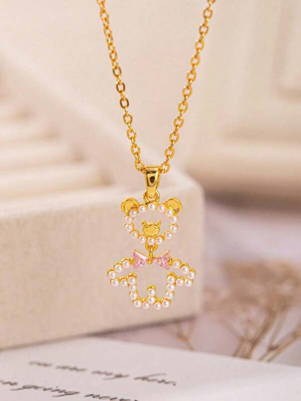 1pc Fashionable Zirconia & Pearl Teddy Bear Pendant Necklace, Suitable For Daily Wear And Different Occasions, Christmas Gift For Family And Friends