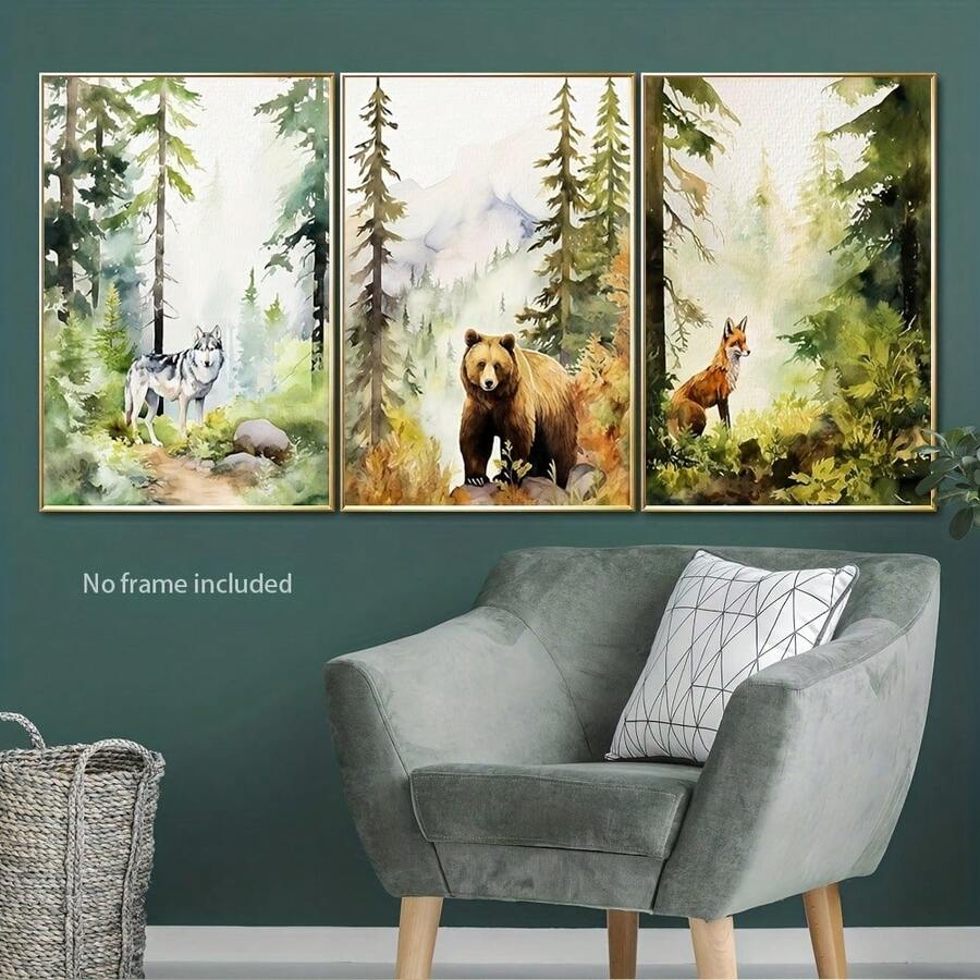3 PiecesCanvas Print Set, Animal Wall Art, Forest Creatures Oil Painting Reproductions, Frameless Decorative Posters For Home, Office, Cafe - Bear, Wolf & Fox - 3PCS - View 1