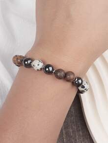 Men's Hematite Protection Bracelet 8mm Dalmatian Jasper & Wooden Beads Vintage Jewelry For Women Men, Emotions Balance, Absorb Negative Energy