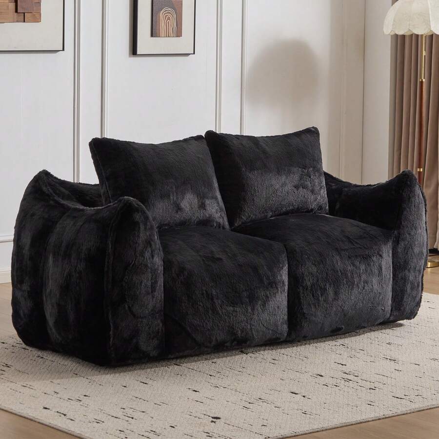 75.2" Wide Giant Bean Bag Couch, Faux Fur Upholstered Lazy Sofa Couch With Pillows, Comfy Loveseat Couch With Large Armrests, Oversized Floor Sofa For Living Room - 黑色 - 查看 1