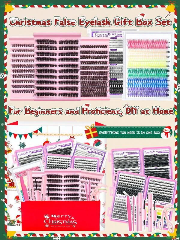 FQBFQB Caja de regalo de 2274 piezas de pestañas postizas de Navidad, kit de racimos de pestañas. Extensiones de pestañas postizas naturales, rizado C/D, naturalmente esponjosas y difuminadas. Pestañas postizas individuales ideales para principiantes, regalo de Navidad.