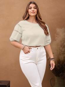 Women's Plus Size Blouse/ Guipure And Elastic Detail On The Sleeve - Beige - View 8