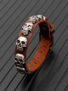 1pc Punk Skull Vintage Leather Bracelet, Casual Daily Wear For Men