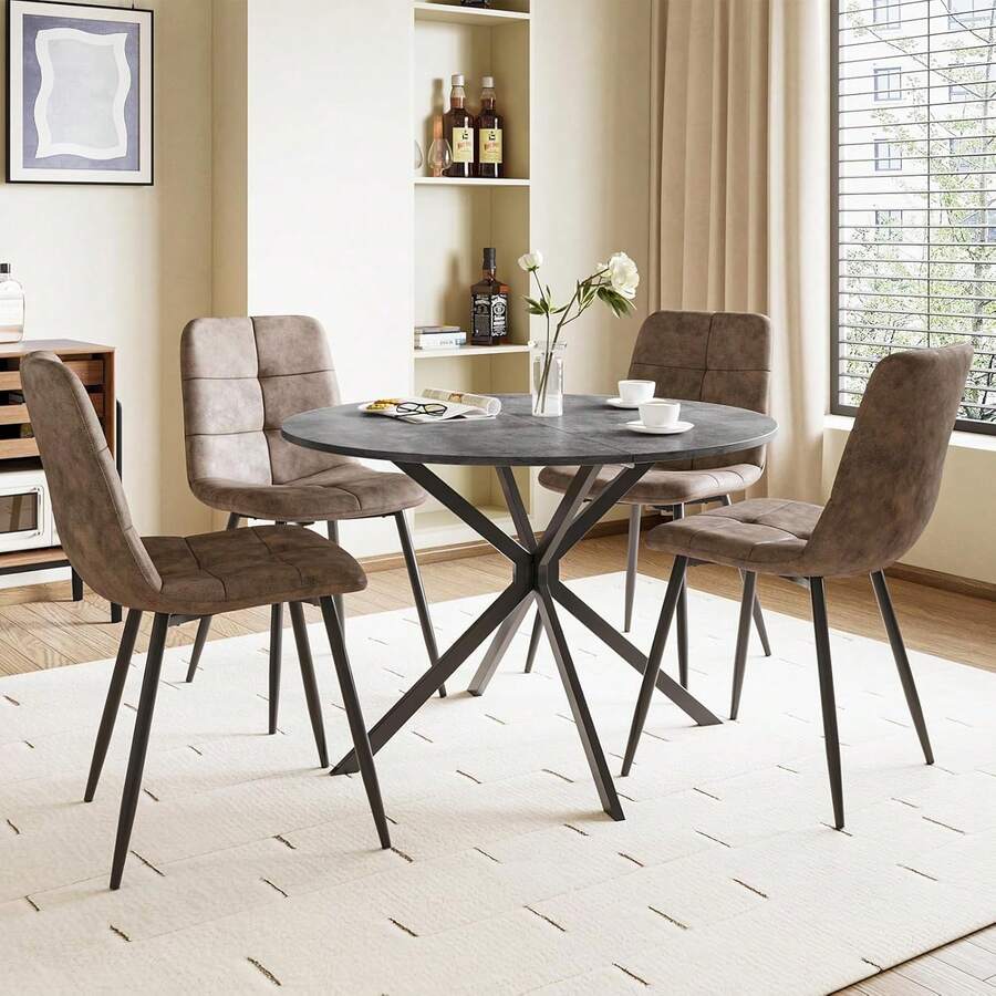 Dining Table And Chairs Set Of 2, Folding Round Dining Table With 2 PU Leather Chairs For Dining Room,Kitchen,Living Room - Gray Table + 4PU Brown Chairs - View 1