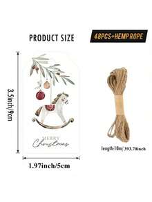 48pcs Vintage Christmas Gift Tags With Jute Twine - Elegant Rocking Horse, Red Berries & Hanging Loops, For Gift Wrapping, Classic Holiday Design With "Merry Christmas" - Suitable For Personal Or Commercial Use - Nostalgic Christmas Party Decor, Holiday Packaging Tags, Holiday Illustrations, Illustrations, Christmas Cards