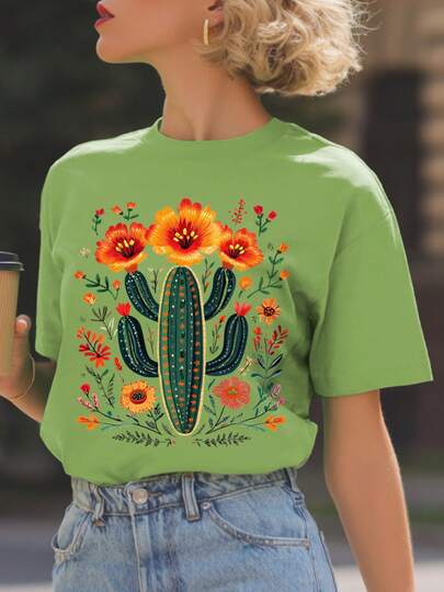 Camiseta Suelta de Moda Impresa, Estético Cactus, Camiseta Gráfica, Regalo, Elegante camiseta de mujer, camiseta de cactus mexicano , Prenda Básica de Temporada para Mujer Moderna