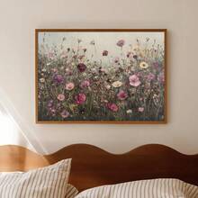 1 pieza Cartel de lienzo vintage enmarcado/sin enmarcar con campo de flores silvestres bohemio, arte de pared floral botánico rústico y oscuro, paisaje minimalista, decoración de granja, estética de Cottagecore para dormitorio, sala de estar, dormitorio, decoración del hogar moderna