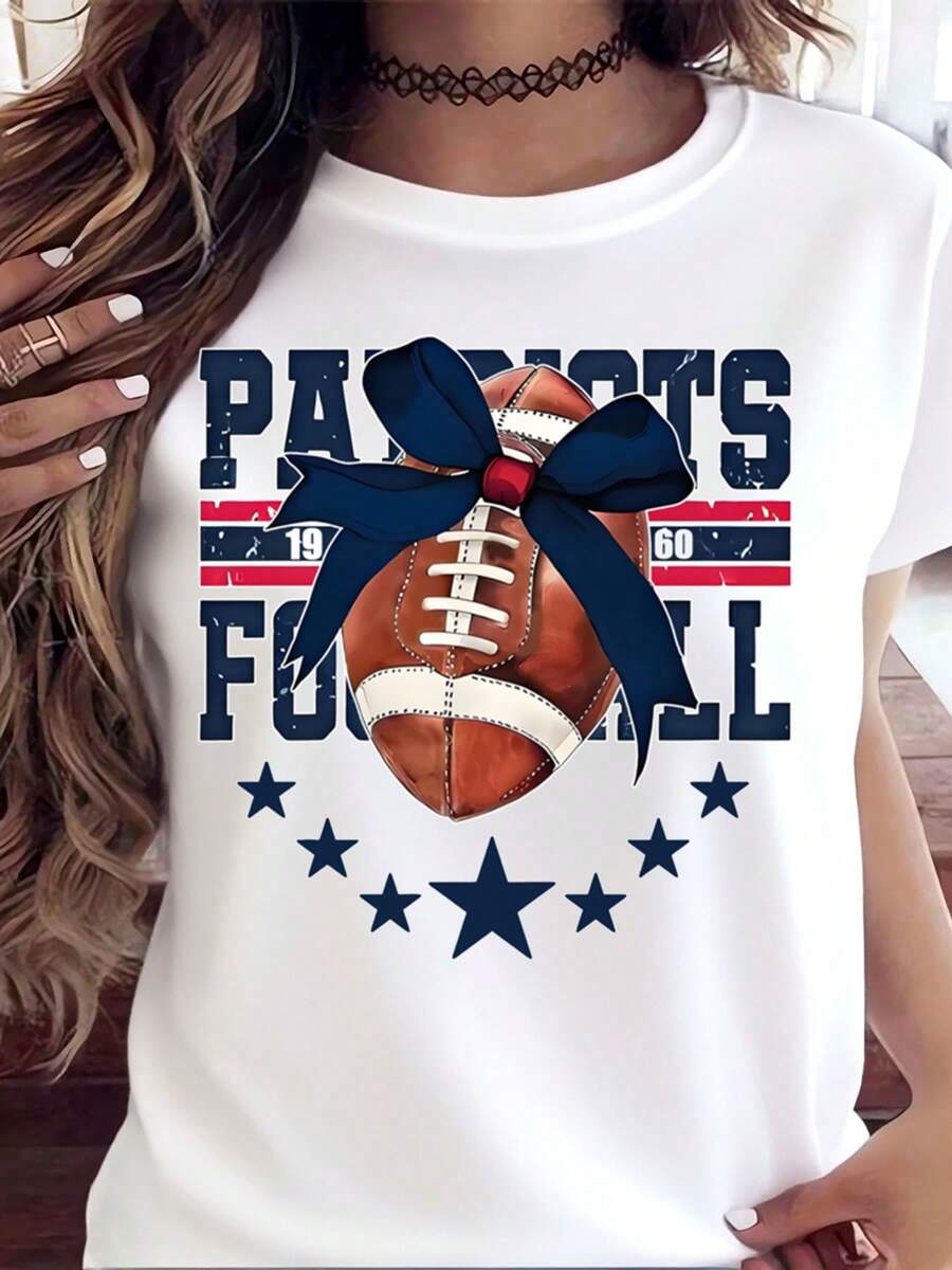 Patriots Football 1960 Women's T-Shirt With Bow And Stars Design -  Fan Apparel For Game Day, , Or Team Spirit Wear,220g - 白色 - 查看 1