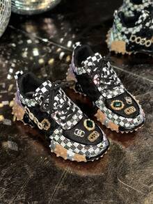 2026 Spring Women's Black Rhinestone Sneakers, Breathable Sparkling Casual Shoes, Fashionable Versatile Platform Dress Shoes - Black - View 7