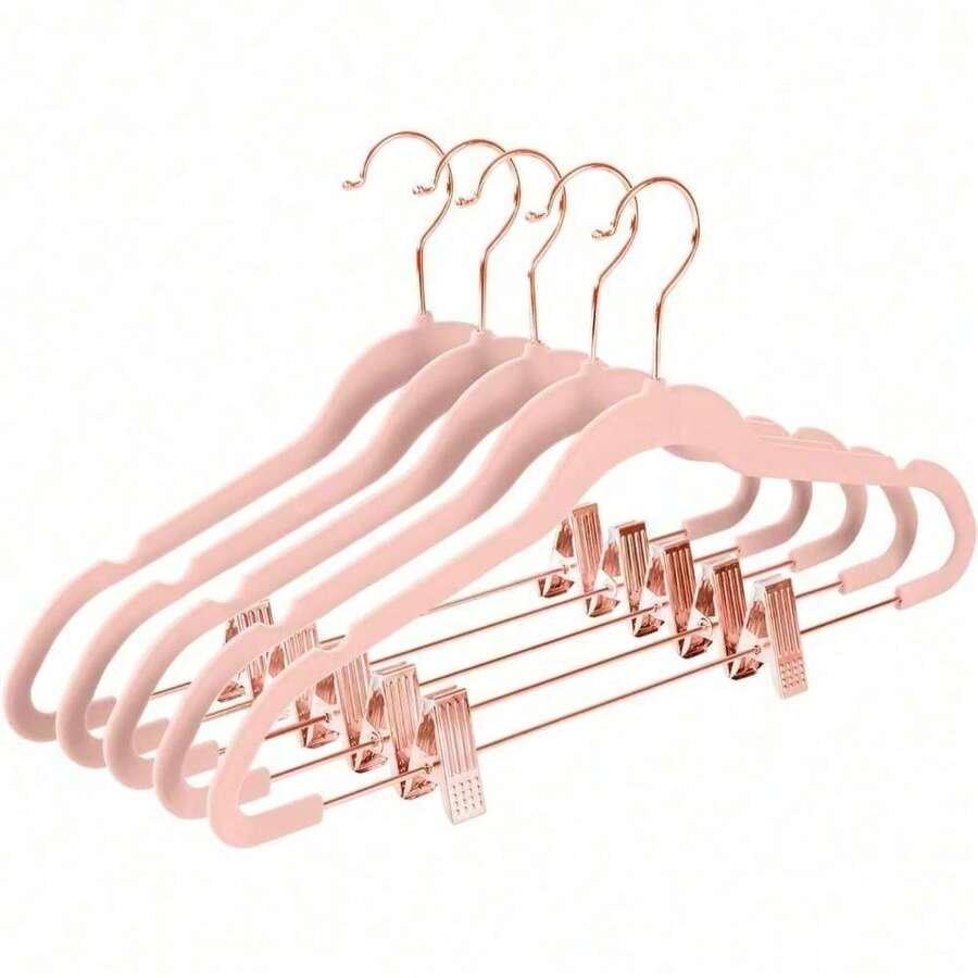 Premium All Black Velvet Pants Hangers With Adjustable Clips (Pack Of 20) Slim Skirt Hangers- Non Slip Felt Outfit Dress- Black Hooks,Space Saving Shirt Clothes -END - 腮紅粉/玫瑰金 - 查看 1