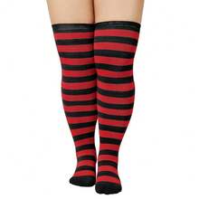 Zando Plus Size Thigh High Socks For Thick Thighs Women Striped Thigh High Stockings Over The Knee Socks Leg Warmers{"Size_name":"OneSize","Color_name":"RedBlack"} - 紅黑 - 查看 1