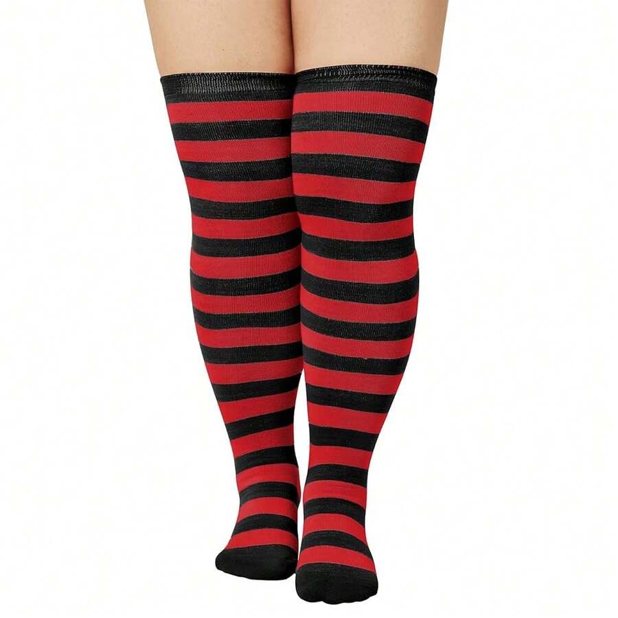 Zando Plus Size Thigh High Socks For Thick Thighs Women Striped Thigh High Stockings Over The Knee Socks Leg Warmers{"Size_name":"OneSize","Color_name":"RedBlack"} - 紅黑 - 查看 1