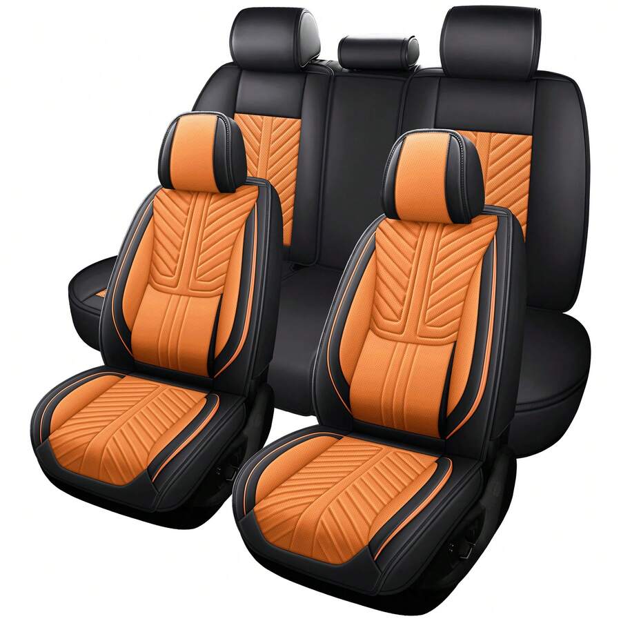 Nappa Leather 5 Seat Luxury Car Seat Covers Full Set Cushion Protector Fit Single Front Seats And Solid Bench 40/60 50/50 60/40 Split Bench Back Universal Fit For Most Cars 4 Season Use - trái cam - Xem 1