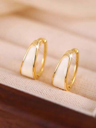 2pcs Gold Plated Brass Hoop Earrings Women Couple Fashion Simple White Earrings Birthday Party Vacation Jewelry Gift For Girlfriend Lovers BBF