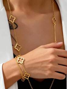 1pc 2025 New Minimalist Long Hollow Four-Leaf Clover Necklace, Elegant Gold Lucky Grass Chain Necklace For Women