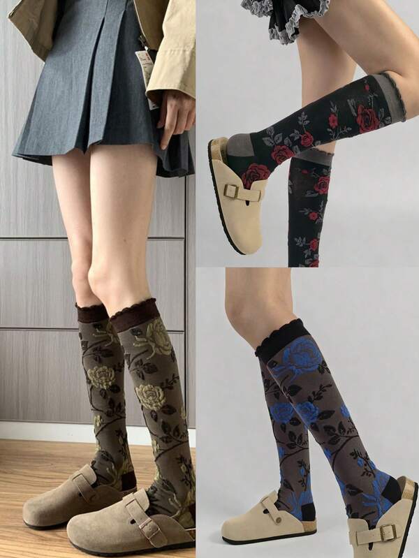 1 Pair Retro French Style Calf-Length Socks With Rose Embroidery, Elegant And Slimming, Suitable For Early Autumn