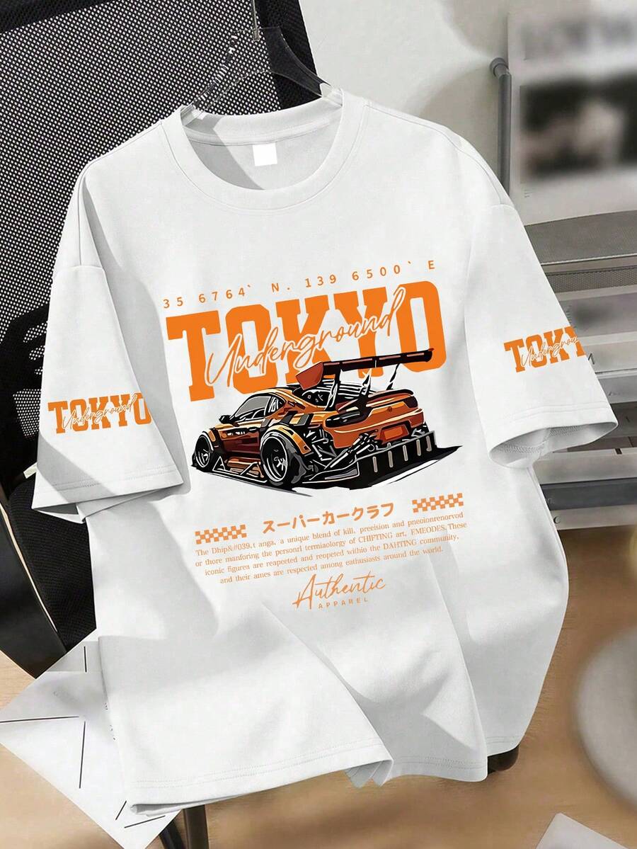 Teen Boys Tokyo Print Graphic Tee, Short Sleeve Car Print, Racing Vibe, Urban Style - White - View 1
