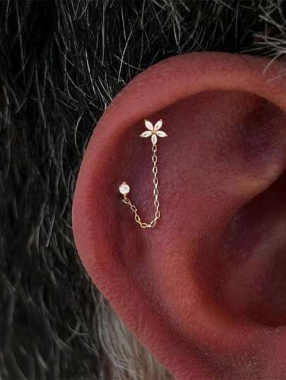 1 PC 925 Sterling Silver Flower Tassel Chain Classic Stud Earrings Cartilage Piercing Jewelry For Women Daily Wear Suitable For Party