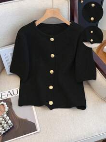 1pc Women's Solid Color Metallic Button Sweater, Casual Round Neck Short Sleeve Cardigan, Versatile Knit Sweater Tops, Fall/Winter - Black - View 8