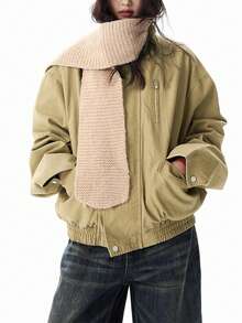 女士休闲宽松纯色外套，适合街头、都市、通勤、秋冬春季穿着 - 卡其色 - 查看 2