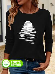 女士黑色月亮波浪圆领简约休闲日常上衣，半腰月亮蝴蝶图案印花女士上衣，白色波浪月亮图案印花女士长袖T恤，夜色宁静图案印花长袖T恤
