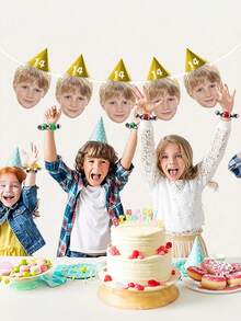 7/14/21-Piece Custom Portrait Birthday Banner Set, Custom Birthday Photo Banner, Face Banner, Birthday Banner, Birthday Hat, Children's Gift, Birthday Party Banner, Personalized Gift, Christmas Gift. - Sky Blue - View 3