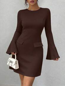 PRETTYGARDEN Women's Long Sleeve Elegant  Mini Dress Fall Bodycon Mock Neck Elegant Business Work Party Short Dresses New Years Valentine Vacation - 棕色 - 查看 3