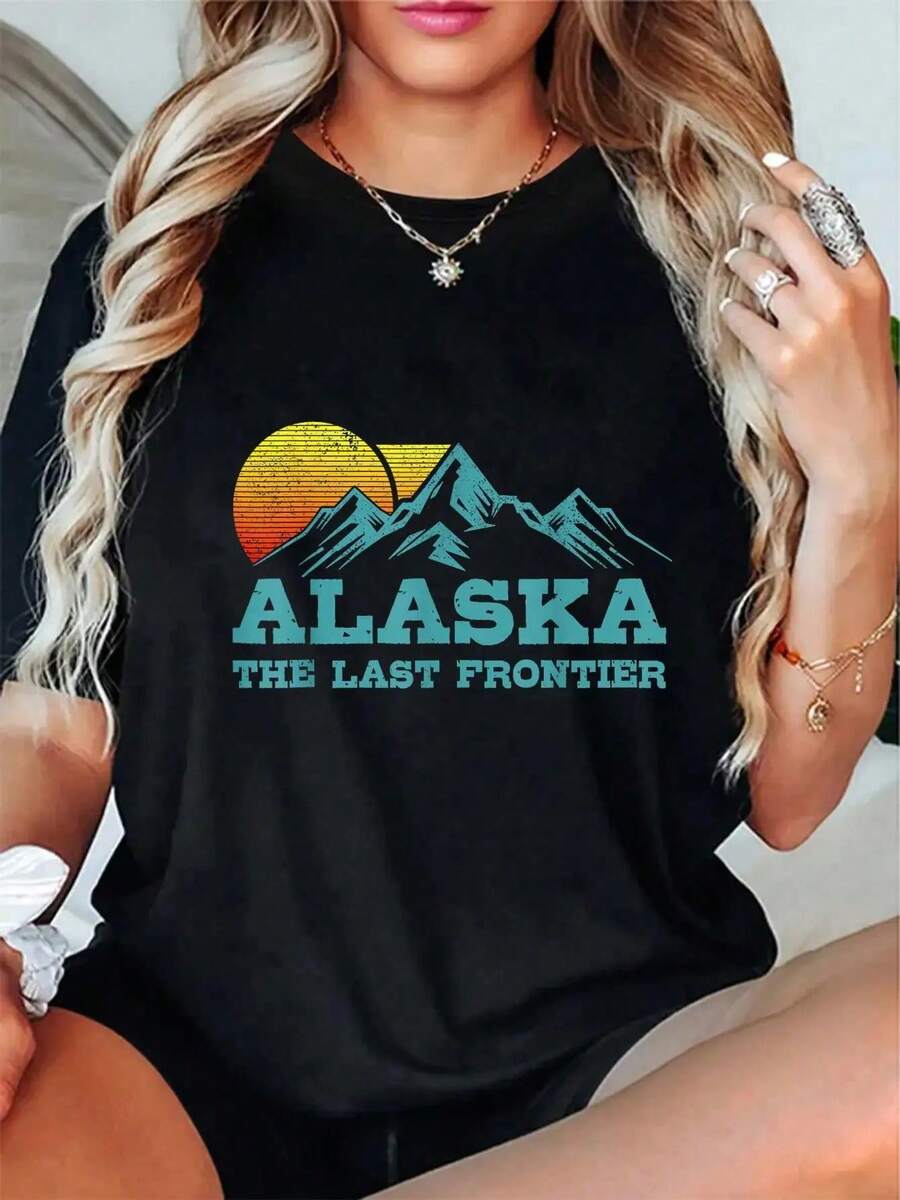 100% Cotton Alaska The Last Frontier Vintage Souvenir T-Shirt Women's Men's Summer Vacation Soft Tee Relaxed Fit Classic Comfort Tops - 黑色 - 查看 1