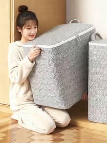 Large Capacity Zippered Storage Bag, Foldable Bedding & Clothing Organizer Bag, Wardrobe Cube Storage Box With Lid, Moving Packing Box - Ash - View 2
