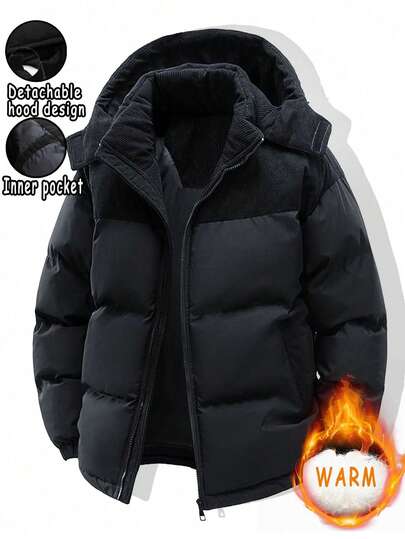 Men's Jacket, Colorblock Detachable Hood Jacket For Men, Fashionable Casual Loose Fit Sportswear, Large Pocket Design, Winter