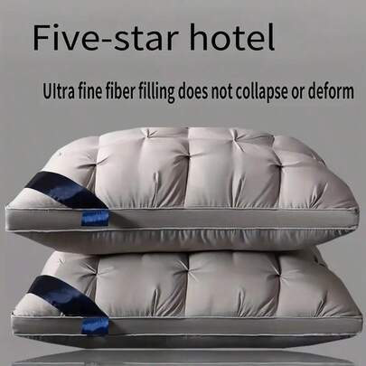 2pcs Pillow Adult Family Five Star Hotel Quality Bed Pillow, Fluffy Pillow Sleep Pillow Core, With Moderate Support, Suitable For Side, Back And Abdominal Sleep, 100% Polyester Fiber Filling, Vacuum Compression Packaging, White/Grey