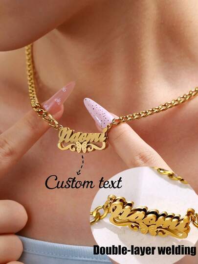 Custom Layered 3D Nameplate Necklace, Stainless Steel Customized Double-Layer Welded Butterfly Pendant Necklace, Paired With 5mm Thick Chain Pendant, Suitable As Gift Or Personal Wear For All Occasions