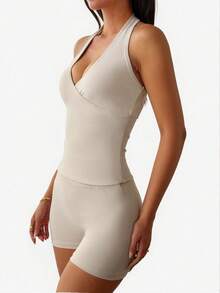 女式两件套运动休闲 Y2K 纯色无袖领夹克修身短裤套装 - 淺卡其色 - 查看 9