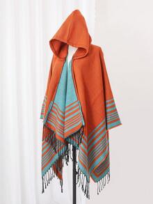 1 件条纹提花流苏连帽披肩，日常穿着 - 彩色 - 查看 9