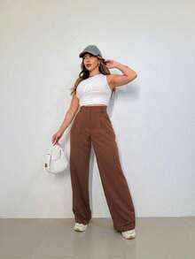 MODA MO, REF: 3271, Women's Tailored Trousers | High Waist Pantaloons | Elegant And Casual Look | Casual Fashion For Everyday Life | Perfect For Work | Comfortable And Stylish | Impeccable Fit - Nâu sô cô la - Xem 5