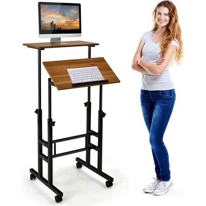 Mobile Standing Desk, Height Adjustable Rolling Laptop Cart W/Tilting Desktop For Standing Or Sitting, Lockable Casters, Home Office Computer Workstation For Small Spaces (Brown)
