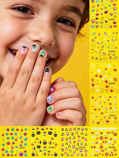 8 feuilles d'autocollants pour ongles 3D de dessins animés amusants pour enfants - autocollants décoratifs avec des éléments de monstres, d'animaux, de fleurs et de cœurs, idéaux pour le DIY des ongles des filles et les cadeaux pour enfants lors de fêtes et de rassemblements